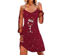 Robe a Paillette Femme Carnaval Sequins Tenue Nouvel an de Soiree Jupe Chic et Elegant Glamour Grande Taille Robes Sexy À Bretelles Col V À Manches Longues Tenue Cocktail de Fete Party Outfit Noir