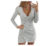 Robe à Paillettes Argentée Pour Femme - Manches Longues - Courte et Sexy - Soirée Festive - Mini Club - Col en V - Portefeuille