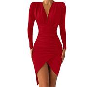 Robe à paillettes fendue avec paillettes rouges sexy pour femmes, robe de bal A-line, robe à manches longues V-cou, mini robe courte et moulante, robe d'été pour personnalités, robe de cocktail pour
