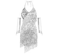 Robe à paillettes pour femme - Dos nu - Robe de soirée pour femme avec franges - Dos nu - Élégante robe midi - Mode sexy - Robe de fête - Carnaval - Robe à franges - Robe des années 20, argenté,