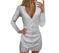 Robe à paillettes pour femme - Manches longues - Robe courte à paillettes - Rouge - Robe de cocktail moulante - Col en V - Robe de soirée élégante - Robe de soirée sexy pour le Nouvel An, argenté, L