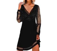 Robe à paillettes pour femme - Robe de soirée longue - Col en V - Manches longues - Ligne A - Robe de soirée élégante - Robe de cocktail - Robe de club - Robe du Nouvel An, O Noir., XXL