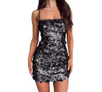 Robe à paillettes pour femme - Rouge - Tenue de Nouvel An - Robe sexy à paillettes - Grandes tailles - Robe à bretelles spaghetti - Sans manches - Robe de cocktail moulante - Robe de cocktail élégante