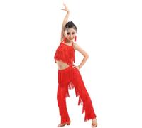 Robe à Pompons latins 2 pièces pour Les Filles Enfants, Pantalon à Franges et Camisole Top Tenue Ballroom Performance Tango Salsa Pratique Costume Compétition Vêtements De Danse,B,150cm
