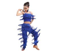 Robe à Pompons latins 2 pièces pour Les Filles Enfants, Pantalon à Franges et Camisole Top Tenue Ballroom Performance Tango Salsa Pratique Costume Compétition Vêtements De Danse,C,130cm