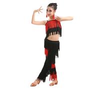 Robe à Pompons latins 2 pièces pour Les Filles Enfants, Pantalon à Franges et Camisole Top Tenue Ballroom Performance Tango Salsa Pratique Costume Compétition Vêtements De Danse,E,130cm