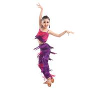 Robe à Pompons latins 2 pièces pour Les Filles Enfants, Pantalon à Franges et Camisole Top Tenue Ballroom Performance Tango Salsa Pratique Costume Compétition Vêtements De Danse,F,120cm