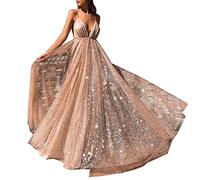 Robe à Sequins Col V pour Femme Cocktail Maxi Robe de Soirée Dos Nu Abricoté L