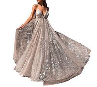 Robe à Sequins Col V pour Femme Cocktail Maxi Robe de Soirée Dos Nu Argenté XL