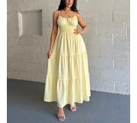 Robe à taille froncée avec nœud jaune, coupe évasée, convient pour le trajet domicile-travail/élégante/sexy/vacances/plage/Hawai/romantique/rendez-vous/Saint-Valentin/concert/saison des mariages L,M,S