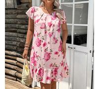 Robe à volants à imprimé floral décontractée pour grande taille. Tenues d'été pour femmes, tenues de printemps break, rave, festivals, vacances 0XL,1XL,2XL,3XL,4XLgraphique,Plantes,Tout ImpriméTissu t