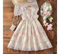 Robe à volants à imprimé floral pour préadolescentes, coupe ample, convient pour les sorties quotidiennes, les rassemblements informels, les fêtes de famille et le thé de l'après-midi entre amis 8Y,9Y