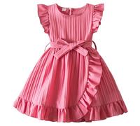 Robe à volants sans manches pour fille - Robe trapèze plissée à volants - Jupe décontractée de couleur unie - Confortable - Vêtements décontractés pour mariage, fête d'anniversaire, rose, 5-6 ans