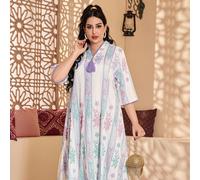 Robe abaya élégante brodée et imprimée, robe longue blanche à encolure en V avec garniture à franges, dernier design 2025 pour la Fête nationale saoudienne et les vacances de printemps L,M,XL,XXLFlora