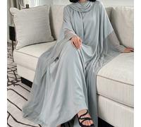 Robe Abaya en mousseline gris clair à manches chauve-souris avec hijab, kaftan ample et modeste, robe longue de soirée pour femmes en automne L,M,S,XLUnicoloreÉtoffe