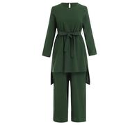 Robe Abaya Musulmane pour Femme Ensemble 2 pièces Chemise et Pantalon boutonnés à Manches Longues Tenues décontractées Arabes islamiques de dubaï (Vert + Ceinture,S)