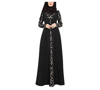 Robe Abaya pour femme imprimée grande taille à nouer à la taille du Moyen-Orient ethnique Insert en dentelle trapèze Robe décontractée confortable respirante Robe musulmane, 01# Noir, XL