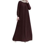 Robe Abaya pour femme style arabe plissée col rond manches longues robe modeste robe de Dubaï Maxi robe caftan robe islamique Dubaï, Rouge, XL