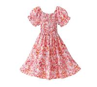 Robe Ado Fille Princesse 8-17 ans FFroufrou Fluide Robe Ete Enfant Fille Plissée Manche Courte Chic et Elegant Fleurie Habillée Mignon Confortable Soirée Casual Vacances (Watermelon Red, 16-17 ans)