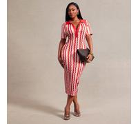 Robe ajustée à col polo à manches courtes pour femmes grande taille, style minimaliste rétro décontracté d'automne, rayures contrastées, robe rayée contrastée marron café, robe décontractée, robe mi-l