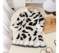 Robe ajustée à imprimé léopard pour jeune fille, col à volants, élégante, décontractée, polyvalente, de style européen et coréen, idéale pour les vacances, les représentations sur scène, les sorties, 