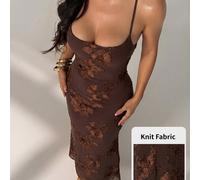 Robe ajustée marron unie à texture jacquard florale, dos ouvert avec bretelles à nouer, élégante pour soirée en amoureux, brunch, invitée de mariage, cocktail, vacances d'été, pour femmes de petite ta
