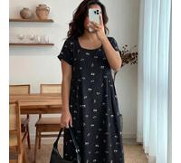 Robe ample à manches courtes coupe A pour femmes grandes tailles, robe d'été de plage noire à petits motifs floraux, robe d'été jaune décontractée chic pour vacances pour silhouettes rondes 0XL,1XL,2X