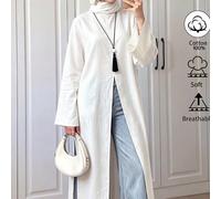 Robe ample à manches longues avec col montant style blazer plissé blanc crème, fentes latérales, 100% coton, vêtement d'extérieur pour café et courses quotidiennes automne/hiver L,M,S,XL,XXLUnicoloreT