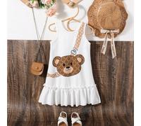 Robe ample avec impression graphique d'ours de dessin animé mignon pour jeune fille, convient pour les sorties, la photographie ou le port décontracté au printemps/été, va bien avec des sandales, adap