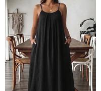 Robe ample confortable noire unie à bretelles spaghetti, dos nu, avec ourlet à franges, robe de plage, robe nuisette, style bohème pour les vacances, grande taille 0XL,1XL,2XL,3XL,4XLUnicoloreTissu ti