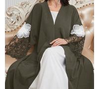 Robe ample de style arabe pour femmes avec poignets en dentelle, patchwork et décoration brodée. Abaya casual et ouvert, pour un usage quotidien casual ou pour une fête L,M,S,XL,XSPlantesÉtoffe