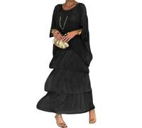 Robe ample de style artistique, robe trapèze décontractée pour femme, robe longue à col rond, manches chauve-souris, style bohème, vacances maxi (noir, XXL), Noir