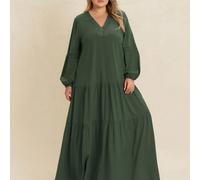 Robe ample grande taille à col en V, manches longues, en dentelle rouge, verte et marron, convient pour les vacances, le thé de l'après-midi, élégante 0XL,1XL,2XL,3XL,4XLUnicoloreTissu tissé