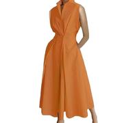 Robe Ample Robe Trapèze Robe Midi avec Revers Bouton Détail Taille Haute Formel, Orange, XXL