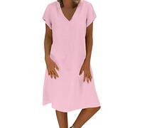 Robe ample unie pour femme en tissu éponge et coton à manches courtes et col en V Robe tunique courte pour femme, Rose, S