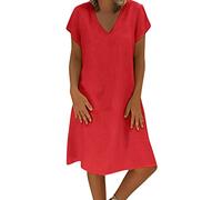 Robe ample unie pour femme en tissu éponge et coton à manches courtes et col en V Robe tunique courte pour femme, rouge, S
