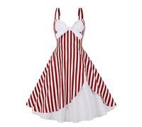 Robe Année 50/60 Femme Vintage Robe Rockabilly Pin Up Retro Rayures/Carreaux/Fleurs sans Manches Bretelles Réglables Décolleté en Cœur Soirée Fête Cocktail Mariage Swing A-Ligne Midi Rouge+Blanc L