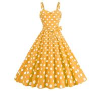Robe Année 60 Femme Sexy Col V sans Manche Retro Robe Style 1950's Audrey Hepburn Rockabilly Elegante Polka Dot Trapèze Vintage Robes Swing Robe De Bal Fête Cérémonie Mi Longue (01 Jaune, S)
