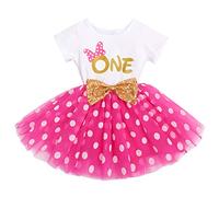 Robe Anniversaire Fille 1 an Manche Courte Barboteuse+Jupe Tutu en Tulle à Pois L'été Vêtements 1er Premier Anniversaire Fête Tenue de Soirée Cérémonie Robe Photographie Rose Vif Minnie-One 1 Ans