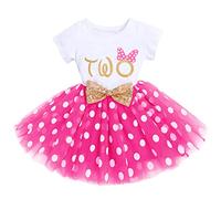 Robe Anniversaire Fille 2 Ans Manche Courte Barboteuse+Jupe Tutu en Tulle à Pois L'été Vêtements 2ème Deuxième Anniversaire Fête Tenue de Soirée Cérémonie Robe Photographie Rose Vif Minnie-TWO 2 ans