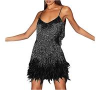 Robe AnnSemo des années 1920 pour femme, à franges, avec sequins, col en V, vintage, costume de soirée à bretelles spaghetti, cocktail, bodycon, pour mariage, soirée, bal, tango latin, danse, 05 Noir