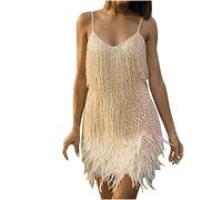 Robe AnnSemo des années 1920 pour femme, à franges, avec sequins, col en V, vintage, costume de soirée à bretelles spaghetti, cocktail, bodycon, pour mariage, soirée, bal, tango latin, danse, Beige