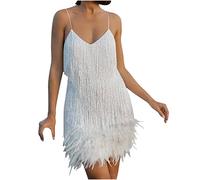 Robe AnnSemo des années 1920 pour femme, à franges, avec sequins, col en V, vintage, costume de soirée à bretelles spaghetti, cocktail, bodycon, pour mariage, soirée, bal, tango latin, danse, 00 Blanc