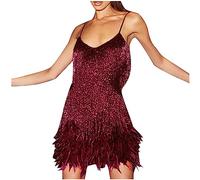 Robe AnnSemo des années 1920 pour femme, à franges, avec sequins, col en V, vintage, costume de soirée à bretelles spaghetti, cocktail, bodycon, pour mariage, soirée, bal, tango latin, danse, 01 Wine