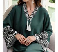 Robe arabe à manches chauve-souris à imprimé géométrique, décontractée, modeste, à manches longues pour l'automne. Caftan L,M,S,XLBlocs de couleur,Géométrique,TribalTissu tissé