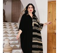 Robe arabe élégante brodée d'or JALABIA, robe de Ramadan à col en V avec franges, fente à l'ourlet, robe géométrique carrée, dernier design pour le festival du Ramadan, été 2026 printemps noir L,M,XL,