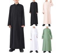 Robe arabe saoudienne pour enfants - Robe musulmane Jubba Thobe Daffah - En coton - Dubaï Abaya - Manches longues - Col montant - Vêtement de détente avec poche de poitrine, blanc, 11-12 ans