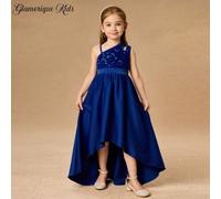 Robe asymétrique à bretelles de princesse avec sequins, bleu saphir, jupe évasée, robe de soirée de mariage d'anniversaire, styles du Moyen-Orient et d'Europe, toutes saisons 6Y,7Y,4Y,5YUnicolorePolye