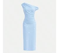 Robe asymétrique au cou élégante pour enfants et adolescentes, en maille bleue élastique avec décoration de sequins. Convient pour les mariages, les demoiselles d'honneur, les tenues élégantes et douc