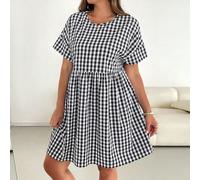 Robe babydoll à manches courtes à carreaux noir et blanc, style simple et décontracté, ample et confortable, polyvalente, pour femmes grandes tailles, idéale pour le printemps et l'été, avec poches, s